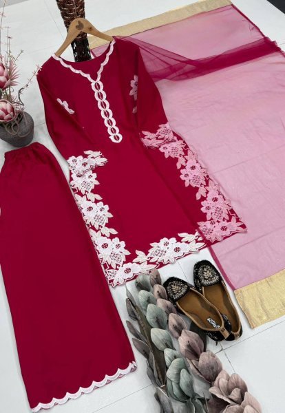 Iconic Red Women's Ethnic Wear Palazzo Suit with Moti Hand Embroidery Work Ready To Wear Collection