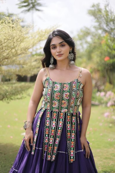 Iconic Royal Purple Designer Kora Cotton Lehenga with Handmade Kutchi Patchwork Navratri Lehnega Choli