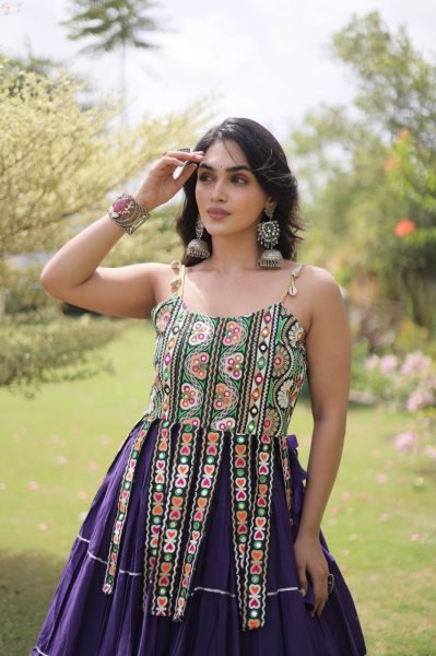Iconic Royal Purple Designer Kora Cotton Lehenga with Handmade Kutchi Patchwork Navratri Lehnega Choli