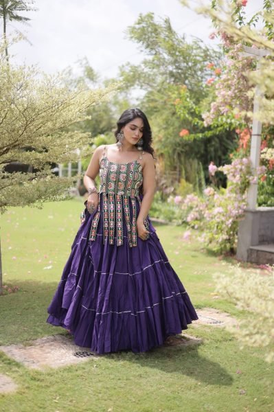 Iconic Royal Purple Designer Kora Cotton Lehenga with Handmade Kutchi Patchwork Navratri Lehnega Choli