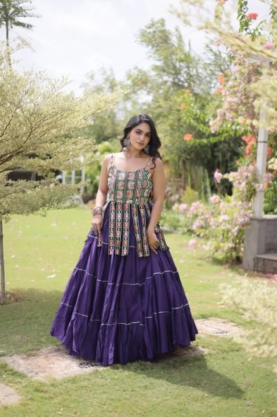 Iconic Royal Purple Designer Kora Cotton Lehenga with Handmade Kutchi Patchwork Navratri Lehnega Choli