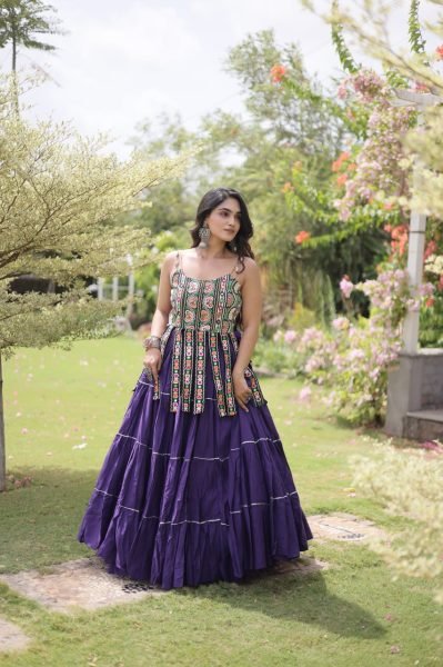 Iconic Royal Purple Designer Kora Cotton Lehenga with Handmade Kutchi Patchwork Navratri Lehnega Choli