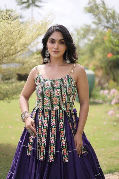 Iconic Royal Purple Designer Kora Cotton Lehenga with Handmade Kutchi Patchwork Navratri Lehnega Choli