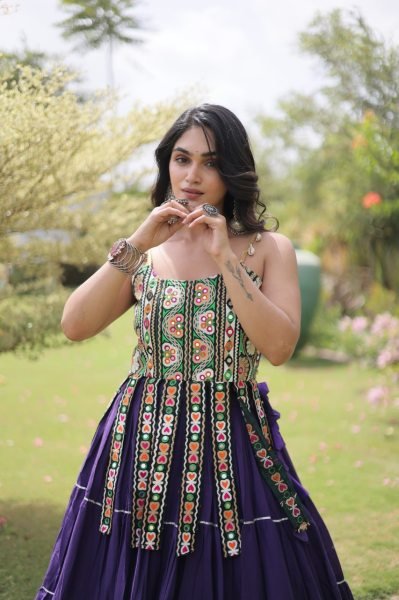 Iconic Royal Purple Designer Kora Cotton Lehenga with Handmade Kutchi Patchwork Navratri Lehnega Choli