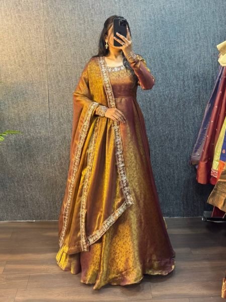 Iconic Rust Designer Jacquard Gown with Embroidered Sequin Lace Dupatta 