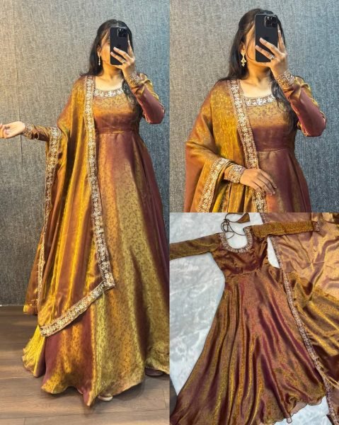 Iconic Rust Designer Jacquard Gown with Embroidered Sequin Lace Dupatta Ready To Wear Collection