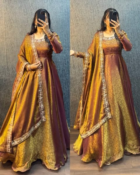 Iconic Rust Designer Jacquard Gown with Embroidered Sequin Lace Dupatta Ready To Wear Collection