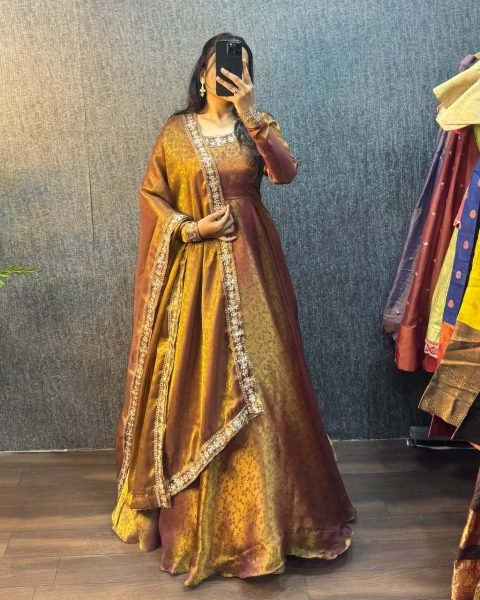 Iconic Rust Designer Jacquard Gown with Embroidered Sequin Lace Dupatta Ready To Wear Collection