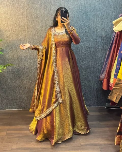 Iconic Rust Designer Jacquard Gown with Embroidered Sequin Lace Dupatta Ready To Wear Collection