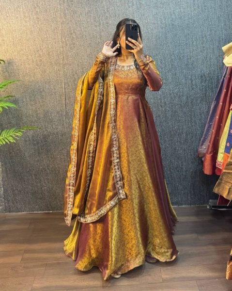 Iconic Rust Designer Jacquard Gown with Embroidered Sequin Lace Dupatta Ready To Wear Collection