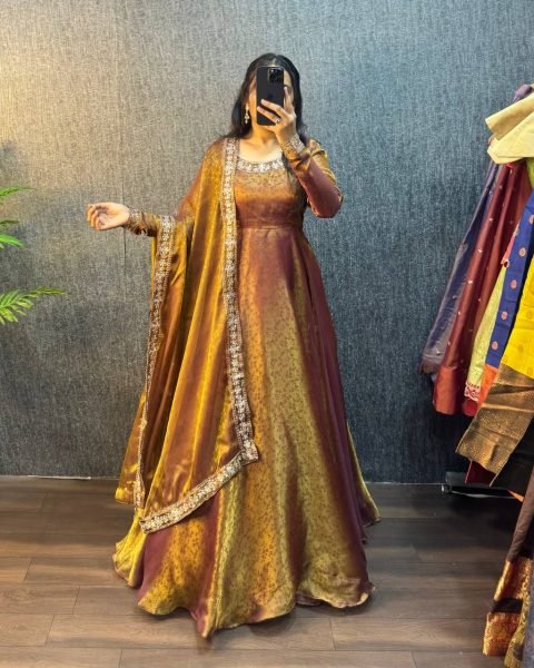 Iconic Rust Designer Jacquard Gown with Embroidered Sequin Lace Dupatta Ready To Wear Collection