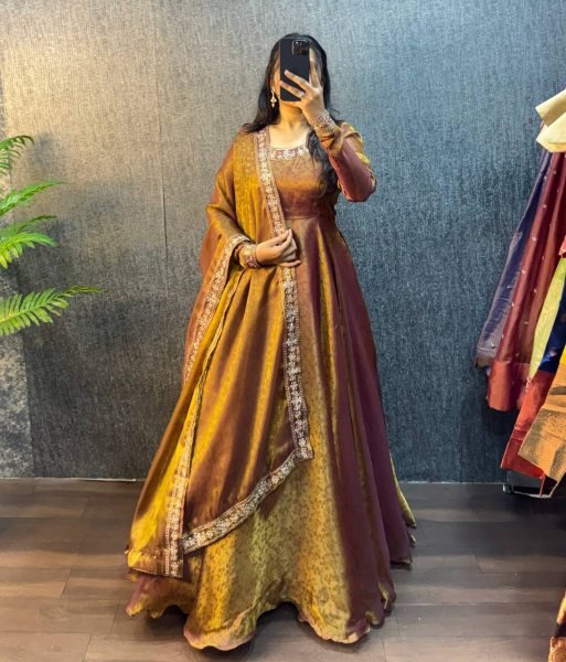 Iconic Rust Designer Jacquard Gown with Embroidered Sequin Lace Dupatta Ready To Wear Collection