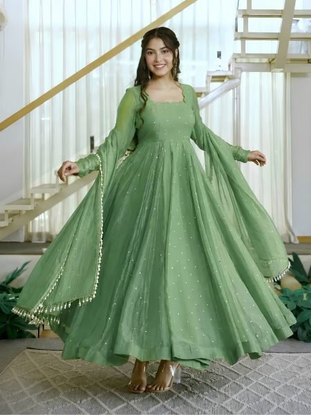 Iconic Sage Green Party Wear Salsa Silk Gown with Micro Cotton Pant for Bulk Order Ready To Wear Suit