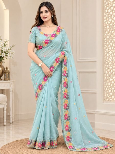 Iconic Sky Blue Coral Chiffon Saree with Floral Thread Work For Festival Sarees 