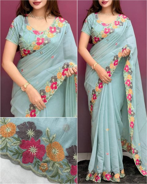 Iconic Sky Blue Coral Chiffon Saree with Floral Thread Work For Festival Pure Chiffon Sarees Wholesale