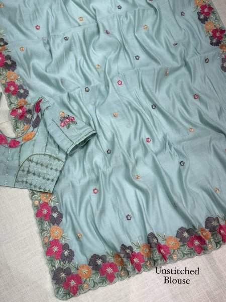 Iconic Sky Blue Coral Chiffon Saree with Floral Thread Work For Festival Pure Chiffon Sarees Wholesale