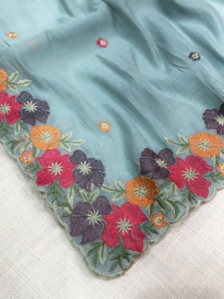 Iconic Sky Blue Coral Chiffon Saree with Floral Thread Work For Festival Pure Chiffon Sarees Wholesale