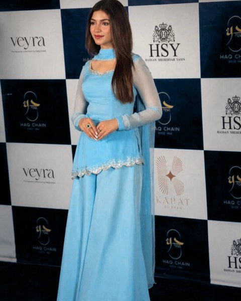 Iconic Sky Blue Designer Faux Georgette Embroidered Top with Bootcut Palazzo at Wholesale Rate Ready To Wear Collection