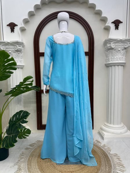 Iconic Sky Blue Designer Faux Georgette Embroidered Top with Bootcut Palazzo at Wholesale Rate Ready To Wear Collection