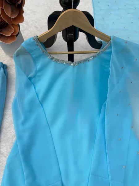 Iconic Sky Blue Designer Faux Georgette Embroidered Top with Bootcut Palazzo at Wholesale Rate Ready To Wear Collection