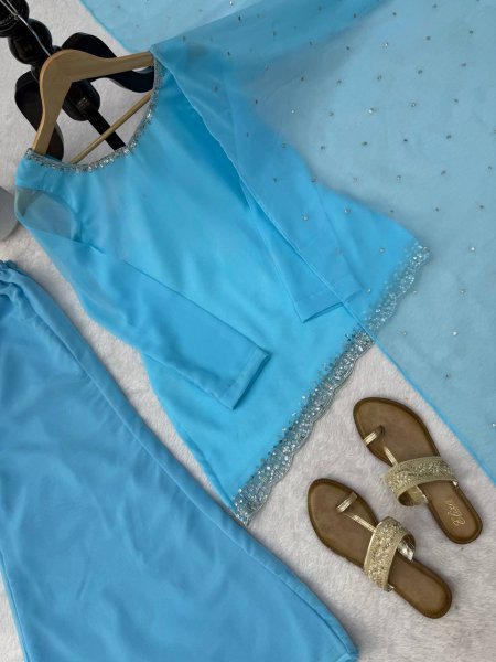 Iconic Sky Blue Designer Faux Georgette Embroidered Top with Bootcut Palazzo at Wholesale Rate Ready To Wear Collection