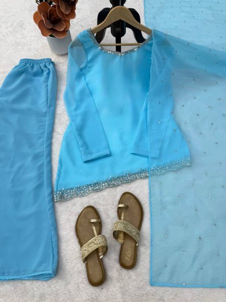 Iconic Sky Blue Designer Faux Georgette Embroidered Top with Bootcut Palazzo at Wholesale Rate Ready To Wear Collection