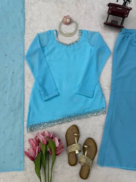Iconic Sky Blue Designer Faux Georgette Embroidered Top with Bootcut Palazzo at Wholesale Rate Ready To Wear Collection