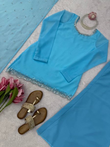 Iconic Sky Blue Designer Faux Georgette Embroidered Top with Bootcut Palazzo at Wholesale Rate Ready To Wear Collection