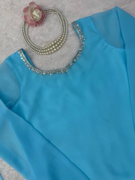 Iconic Sky Blue Designer Faux Georgette Embroidered Top with Bootcut Palazzo at Wholesale Rate Ready To Wear Collection