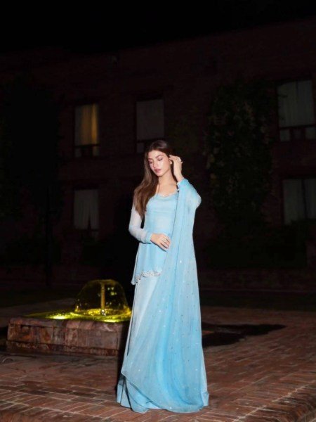 Iconic Sky Blue Designer Faux Georgette Embroidered Top with Bootcut Palazzo at Wholesale Rate Ready To Wear Collection