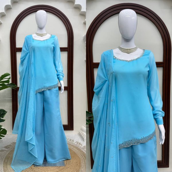 Iconic Sky Blue Designer Faux Georgette Embroidered Top with Bootcut Palazzo at Wholesale Rate Ready To Wear Collection