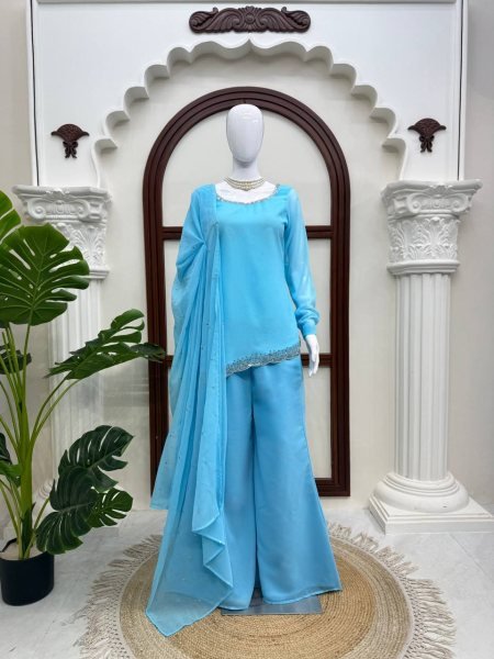 Iconic Sky Blue Designer Faux Georgette Embroidered Top with Bootcut Palazzo at Wholesale Rate Ready To Wear Collection