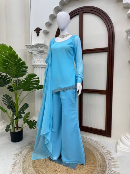 Iconic Sky Blue Designer Faux Georgette Embroidered Top with Bootcut Palazzo at Wholesale Rate Ready To Wear Collection