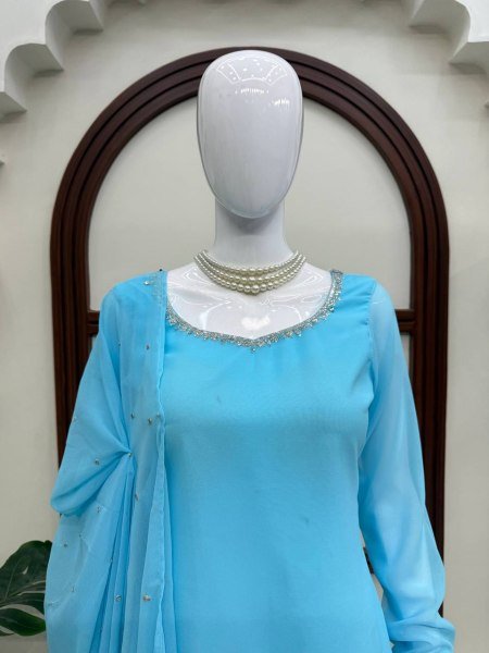 Iconic Sky Blue Designer Faux Georgette Embroidered Top with Bootcut Palazzo at Wholesale Rate Ready To Wear Collection
