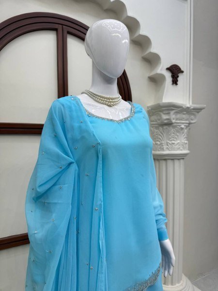Iconic Sky Blue Designer Faux Georgette Embroidered Top with Bootcut Palazzo at Wholesale Rate Ready To Wear Collection