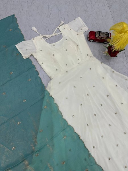 Iconic Sky Blue Dupatta Chinnon Silk Heavy Sequence Work Gown with Silk Dupatta for Boutique Collectior Kurti With Dupatta Wholesale