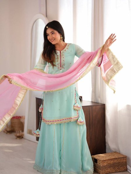 Iconic Sky Blue Organza Silk Top With Full Sleeves Using Gota Patti Lace Work  Ready To Wear Collection