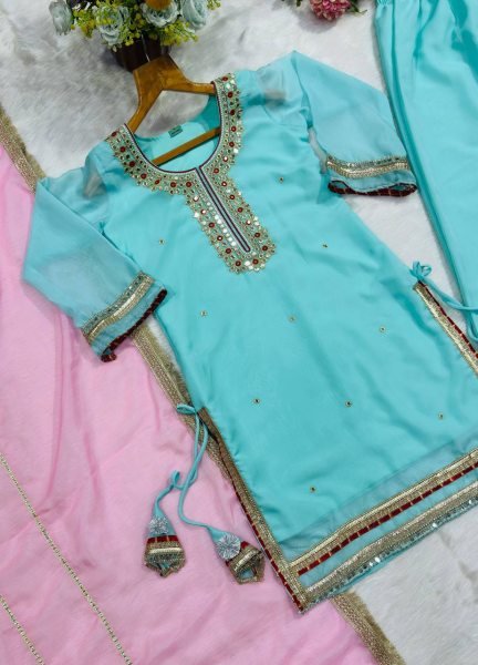 Iconic Sky Blue Organza Silk Top With Full Sleeves Using Gota Patti Lace Work  Ready To Wear Collection