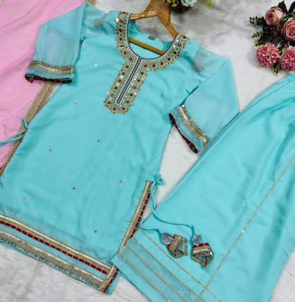 Iconic Sky Blue Organza Silk Top With Full Sleeves Using Gota Patti Lace Work  Ready To Wear Collection