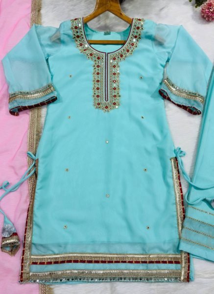Iconic Sky Blue Organza Silk Top With Full Sleeves Using Gota Patti Lace Work  Ready To Wear Collection