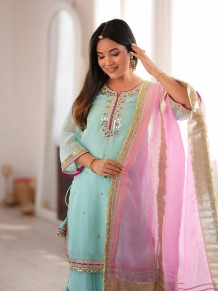 Iconic Sky Blue Organza Silk Top With Full Sleeves Using Gota Patti Lace Work  Ready To Wear Collection