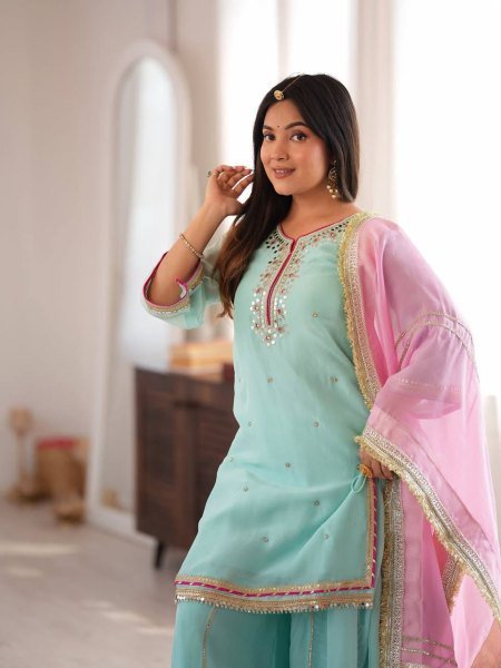 Iconic Sky Blue Organza Silk Top With Full Sleeves Using Gota Patti Lace Work  Ready To Wear Collection