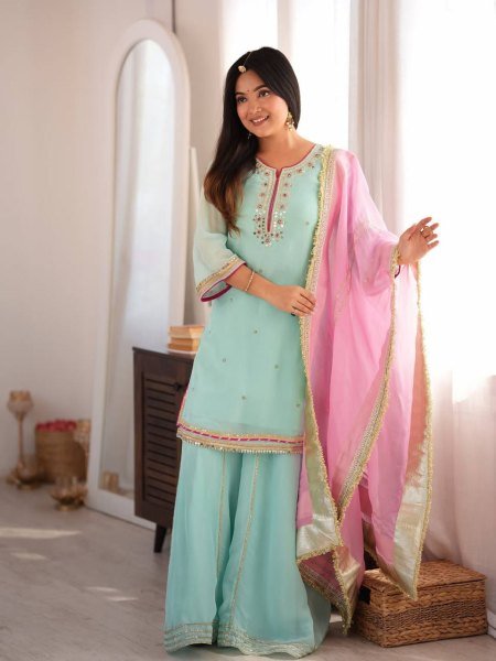 Iconic Sky Blue Organza Silk Top With Full Sleeves Using Gota Patti Lace Work  Ready To Wear Collection