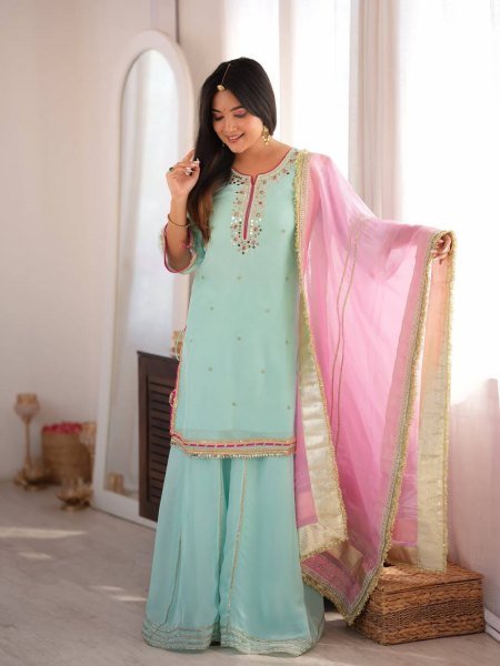 Iconic Sky Blue Organza Silk Top With Full Sleeves Using Gota Patti Lace Work  Ready To Wear Collection