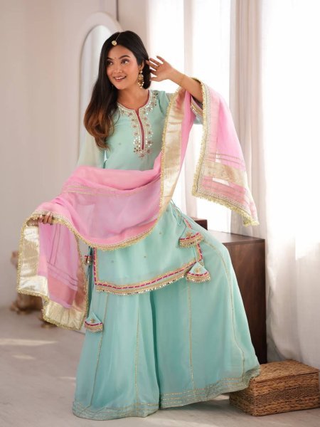 Iconic Sky Blue Organza Silk Top With Full Sleeves Using Gota Patti Lace Work  Ready To Wear Collection
