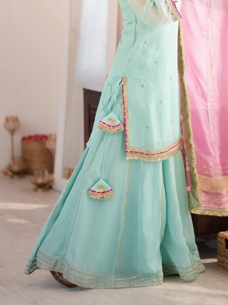 Iconic Sky Blue Organza Silk Top With Full Sleeves Using Gota Patti Lace Work  Ready To Wear Collection