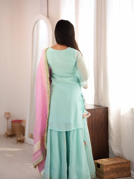 Iconic Sky Blue Organza Silk Top With Full Sleeves Using Gota Patti Lace Work  Ready To Wear Collection