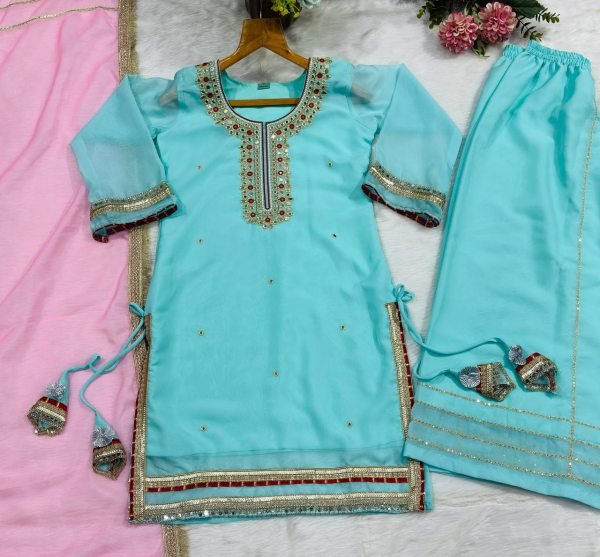 Iconic Sky Blue Organza Silk Top With Full Sleeves Using Gota Patti Lace Work  Ready To Wear Collection