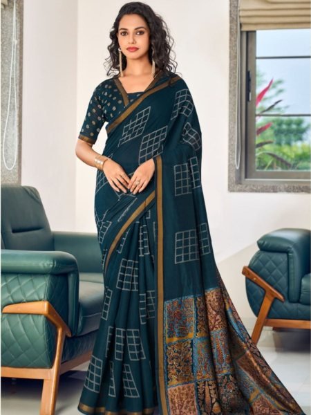 Iconic Teal Blue Designer Plain Cotton Silk Saree for Everyday Wear