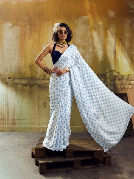Iconic White And Blue Dot Lightweight Satin Saree for Daily and Festive Wear Sarees 